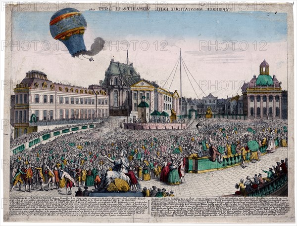 Vue d'optique shows the balloon launched by the Montgolfier brothers ascending from the Palace of Versailles, France, before the royal family, September 19, 1783.