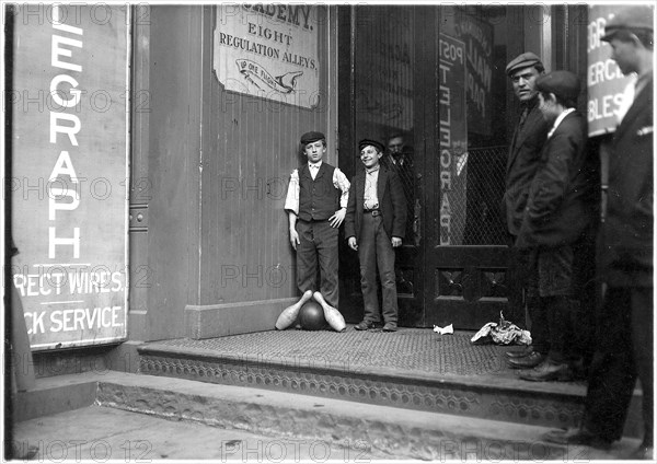 Bowling Alley boys. Many of these work until late at night. New Haven, Conn, March 1909