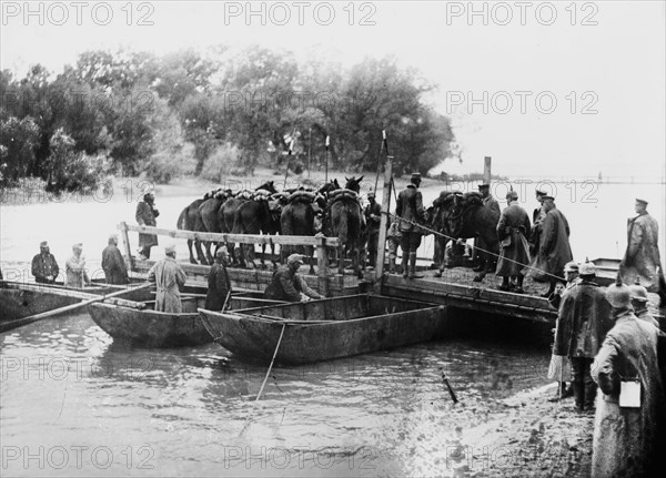 Transporting cavalry troops over the Danube River to Serbia ca. 1910-1915