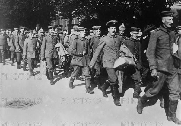 German soldiers marching and singing in the street during World War I ca. 1914-1915