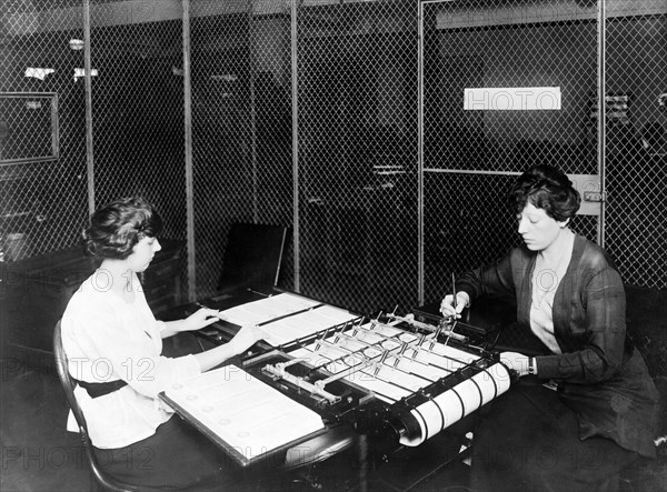 Two women using check signing machine which signs checks issued by the War Risk Bureau, Washington, D.C. ca. 1909-1932