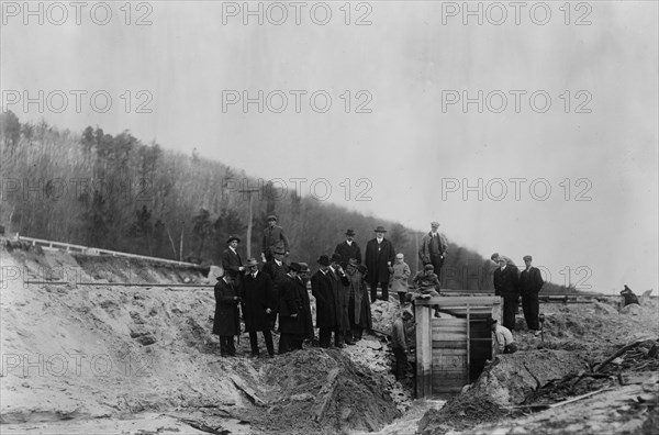 August Belmont, president of the Cape Cod Canal Construction Company, and other dignitaries at Foley's Dock, Massachusetts ca. April 1914