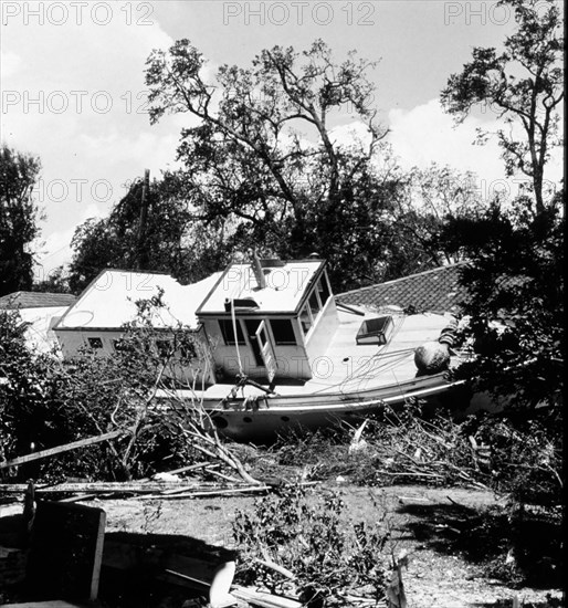 Fishing vessel driven ashore by Hurricane Camille - Biloxi Mississippi ca. 1969