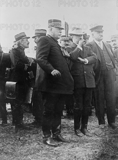 French general Joseph Jacques Césaire Joffre (1852-1931) who served during World War I and President Poincare ca. 1914-1915