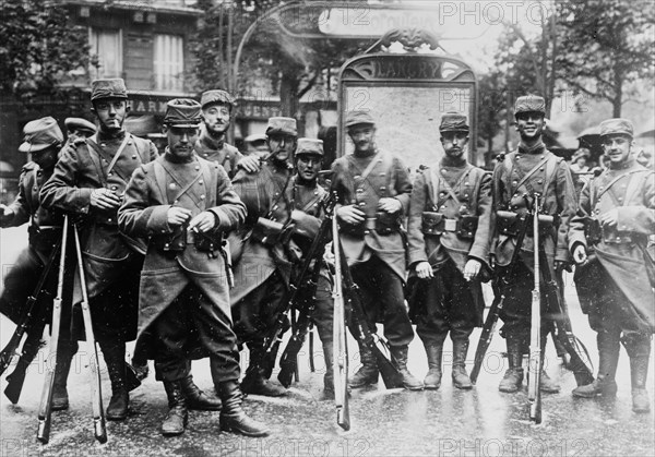 French soldiers guarding a subway entrance in Paris, France at the beginning of World War I ca. 1914-1915