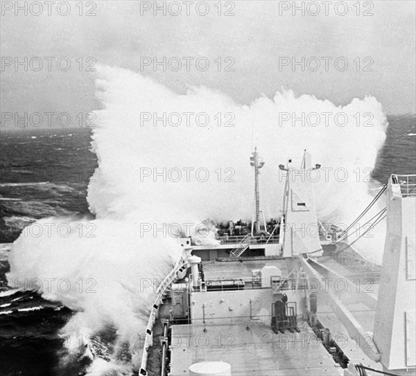 Merchantman WINTER WATER takes heavy seas on the bow from tropical storm Georgette ca. July 28, 1980
