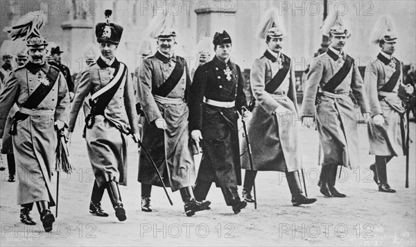 Sons of Kaiser Wilhelm II: Wilhelm, German Crown Prince; Prince Eitel Friedrich, Prince Adalbert, Prince August Wilhelm, Prince Oskar, and Prince Joachim ca. 1910-1915