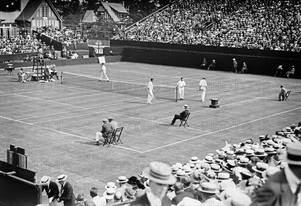 Davis Cup Match between the American team (Maurice E. McLoughlin and Thomas A. Bundy) and the Australian team (Anthony F. Wilding and Norman E. Brookes) at the West Side Tennis Club, Forest Hills ca. August 1914