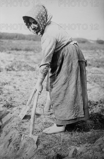 Woman working with a shovel in a field in Belgium ca. 1910-1915