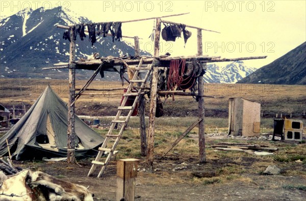 Drying racks, Anaktuvuk Village, Alaska ca. 1975
