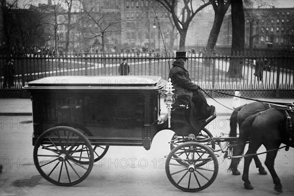 Hearse carrying body of financier John Pierpont Morgan (1837-1913), during funeral which took place on April 14, 1913 in New York City