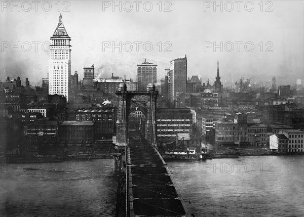 Cincinnati suspension bridge from the Kentucky side looking down on the flooded Ohio River and downtown Cincinnati in 1913