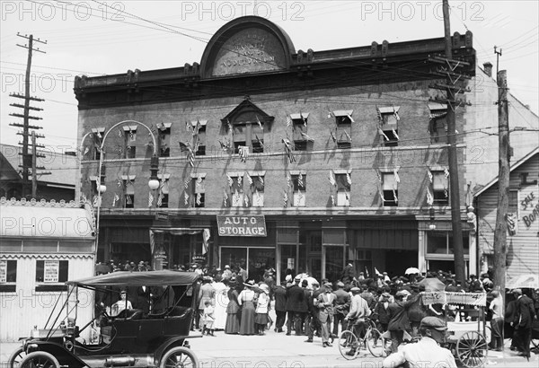 Theodore Roosevelt speaking in New Jersey (possibly Perth Amboy, NJ) at the Donehue Market and Auditorium (buiilt in 1909) ca. 1910-1915