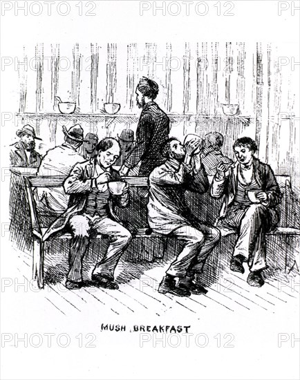 Itinerants eating the free mush breakfast ca. 1800s
