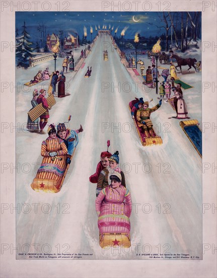 Advertisement for Star toboggans, showing people sledding at night ca. 1877