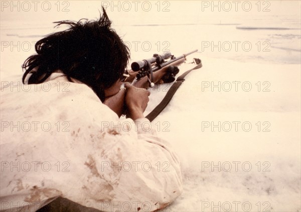 Eskimo seal hunter on ice floes of Kotzebue Sound 1973