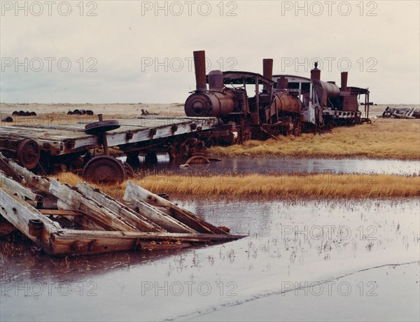 September 1972 - Old abandoned railroad engine near abandoned village of Solomon Alaska