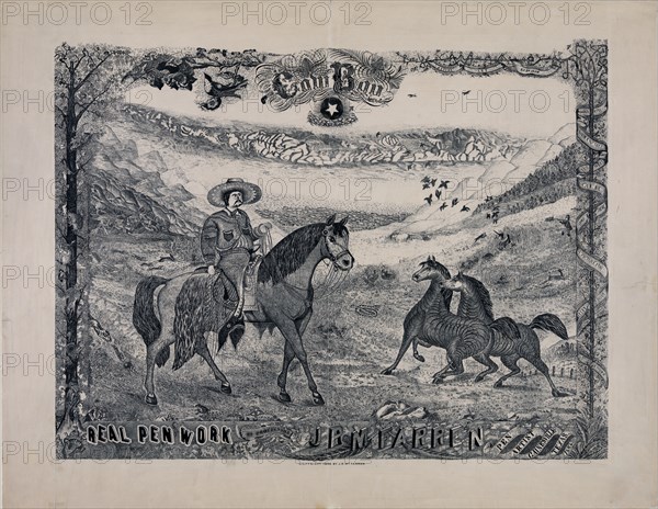 Cowboy print real penwork, by J.R. McFarren ca. 1886 - Pen Artist from Gainesville, Texas