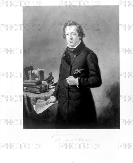 Henry Ward Beecher, three-quarter length portrait, standing next to table, facing front, holding paper in right hand ca. 1853