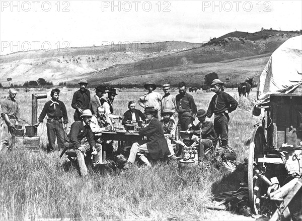 1870 Survey Crew - Group photo of all the members of the Survey, made while in camp at Red Buttes at the junction of the North Platte and Sweetwater Rivers, in Wyoming.