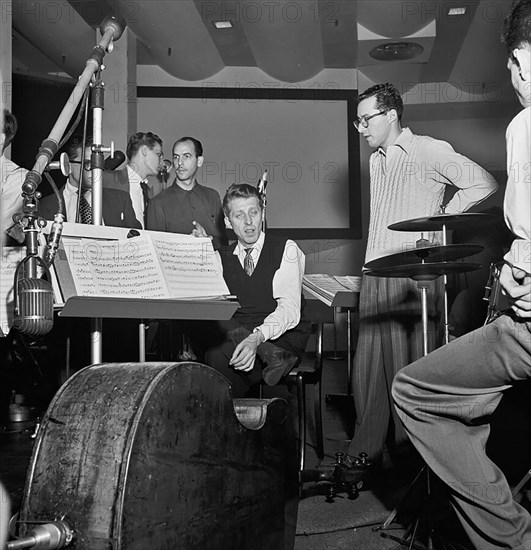 Portrait of Stan Kenton, Pete Rugolo, and Harry Forbes, Capitol studio, ca. Jan. 1947