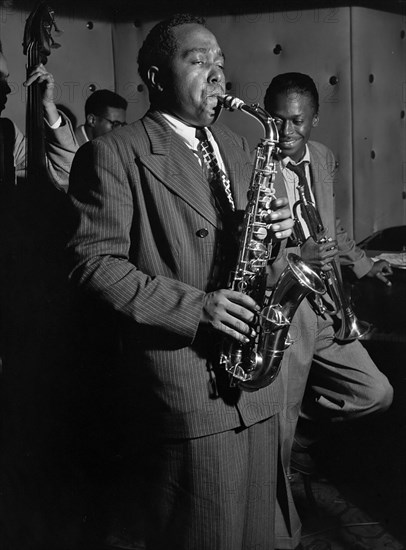 Portrait of Charlie Parker, Tommy Potter, Miles Davis, and Max Roach, Three Deuces, New York, N.Y., ca. Aug. 1947