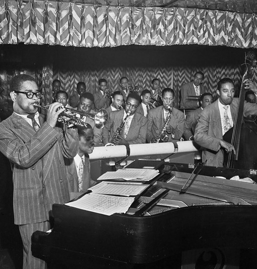 Portrait of Dizzy Gillespie, John Lewis, Cecil Payne, Miles Davis, and Ray Brown, Downbeat, New York, N.Y., between 1946 and 1948