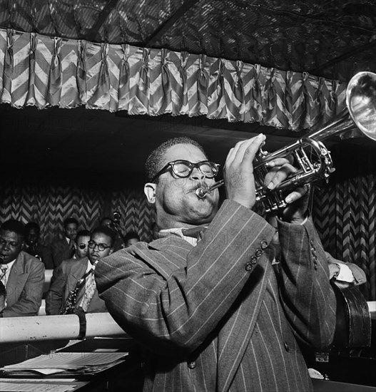 Portrait of Dizzy Gillespie, John Lewis, Cecil Payne, Ray Brown, and Miles Davis, Downbeat, New York, N.Y., between 1946 and 1948