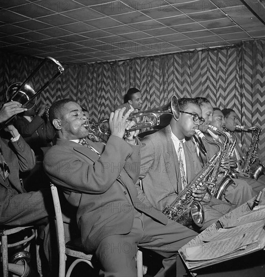 Portrait of Dizzy Gillespie, James Moody, and Howard Johnson, Downbeat, New York, N.Y., ca. Aug. 1947