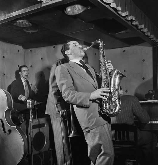 Portrait of Charlie Ventura, Dave Tough, Bill Harris, and Ralph Burns, Three Deuces, New York, N.Y., ca. Apr. 1947