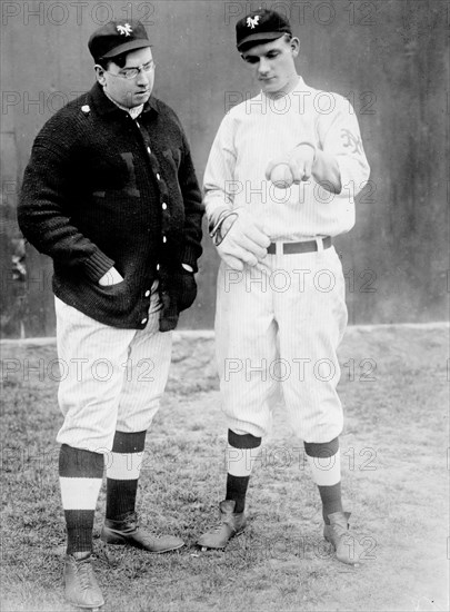 Photograph shows baseball player Richard William 'Rube' Marquard (1886-1980), who was a pitcher in Major League Baseball in the 1910s and early 1920s with outfielder and pitcher Libeus Washburn (1874-1940). ca. 1911