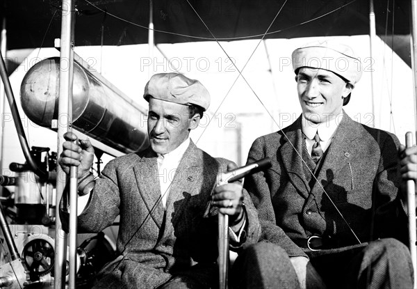 Photo shows aviators Arthur L. 'Al' Welsh (1881-1912) and George William Beatty (1887-1955) probably when Welsh was training Beatty at the Wright Flying School on Long Island in 1911.