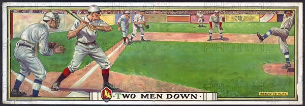 1909 Baseball Chromolithograph - Print shows a baseball game in progress, view from the first-base side of home plate, with the pitcher about to throw the ball to a batter, and a baserunner leading off third-base.