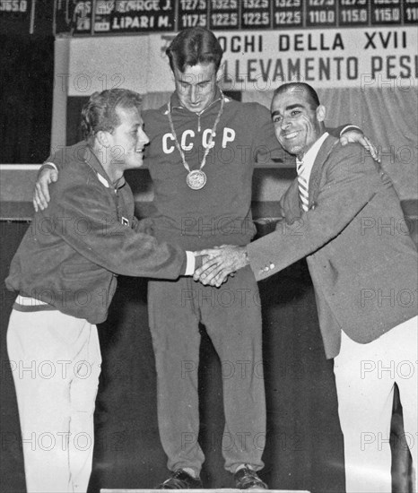 1960 Olympics - Weighlifters Isaac Berger, Yevgeny Minayev, Sebastiano Mannironi
