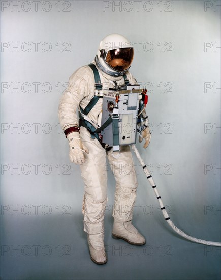 (1966) Suited test subject equipped with Gemini-12 Life Support System and waist tethers for extravehicular activity (EVA).