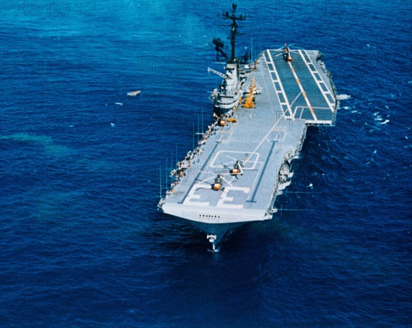 Aerial view of the U.S.S. Kearsarge, recovery ship for the Mercury-Atlas 8 mission.