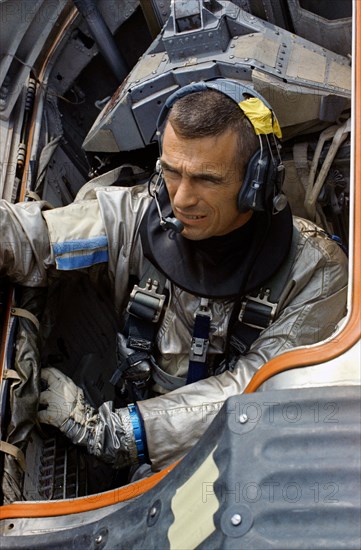 (9 April 1966) Astronaut Eugene A. Cernan, prime crew pilot of the National Aeronautics and Space Administration's Gemini-9 spaceflight, sits in Gemini Boiler-plate during water egress training activity in the Gulf of Mexico.