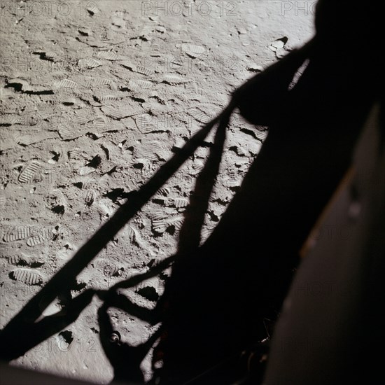 (20 July 1969) This photograph shows in fine detail the impressions in the lunar soil made by astronauts Neil A. Armstrong and Edwin E. Aldrin Jr. during their lunar surface extravehicular activity (EVA).