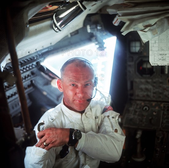 (20 July 1969) This interior view of the Apollo 11 Lunar Module (LM) shows astronaut Edwin E. Aldrin Jr., lunar module pilot, during the lunar landing mission.