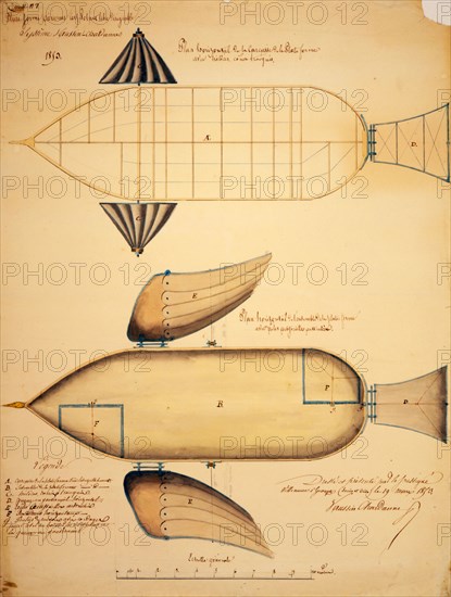 Plateforme aérienne cerf-volant libre dirigeable, système Vaussin-Chardanne. Feiulle no. 1-Scaled design shows system for navigating airship using propellers. 1853