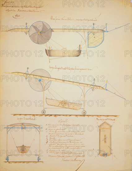 Plateforme aérienne, cerf-volant libre dirigeable, système Vaussin-Chardanne. Feuille no. 2 dressé et presenté 1853, Vaussin-Chardanne. -drawing shows system powering ai