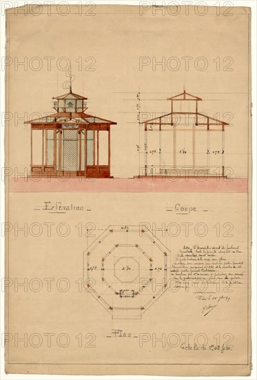 Architectural drawing showing elevation, cross section, and plan for a hirondellier militair, a military aviary for swallows used as messenger birds ca 1889