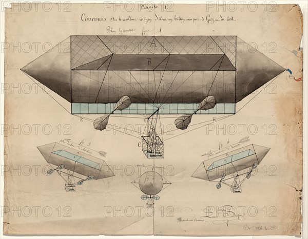 Concours sur le meilleur moyen d'élever un ballon sans perte de gaz de lest - Design drawing shows proposal by Louis Panafieu ca 1830-1860