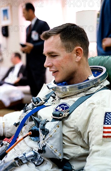 (16 March 1966) Astronaut David R. Scott, pilot of the Gemini-8 spaceflight, relaxes in the Launch Complex 16 trailer during suiting up operations for the Gemini-8 mission.