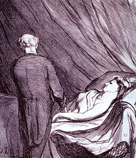 Physician attending to a woman in bed ca. 1800s illustration