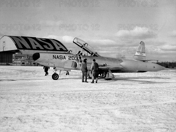 A Lockheed F-94B Starfire on the hangar apron at the National Aeronautics and Space Administration (NASA) Lewis Research Center in Cleveland, Ohio.