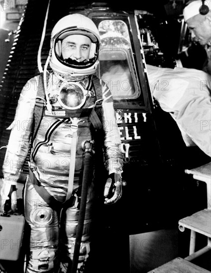 Astronaut Grissom on level 3 in front of Liberty Bell 7 capsule