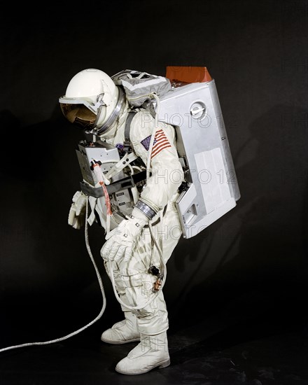 (18 Jan. 1966) Test subject Fred Spress, Crew Systems Division, wears the spacesuit and extravehicular equipment planned for use by astronaut David R. Scott.