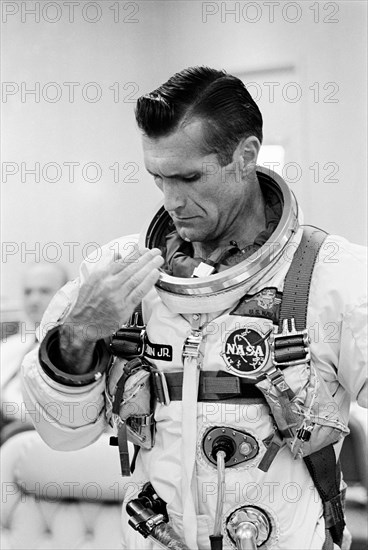 (12 Sept. 1966) Astronaut Richard F. Gordon Jr., pilot of the Gemini-11 spaceflight, suits up in the Launch Complex 16 suiting trailer during the Gemini-11 prelaunch countdown.