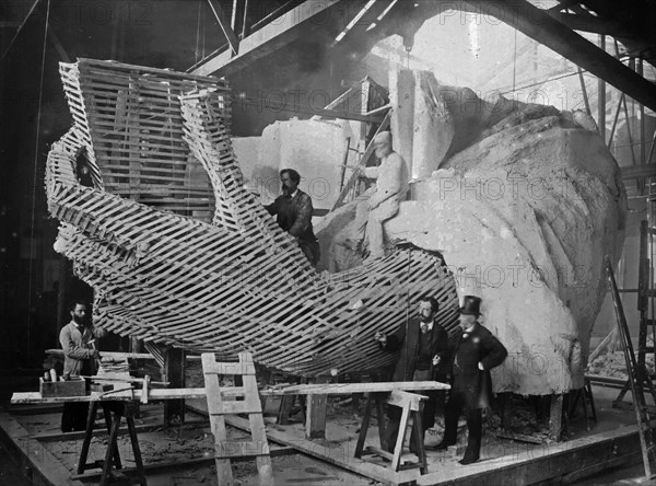 Statue of Liberty History - Construction of the skeleton and plaster surface of the left arm and hand of the Statue of Liberty ca. 1883